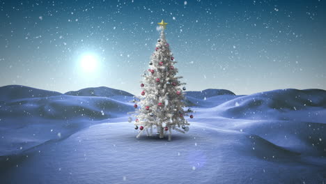 Snow-falling-on-christmas-tree-in-snowy-landscape