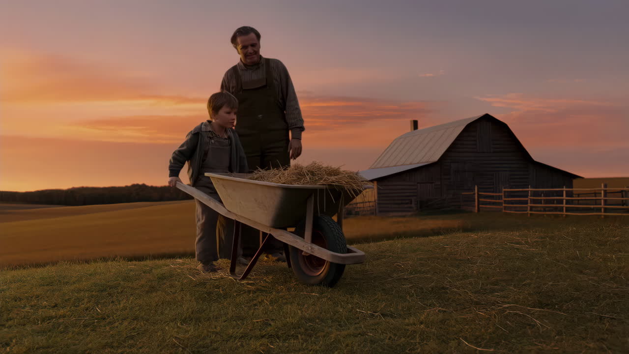 Father and Son Working on the Farm at Sunset