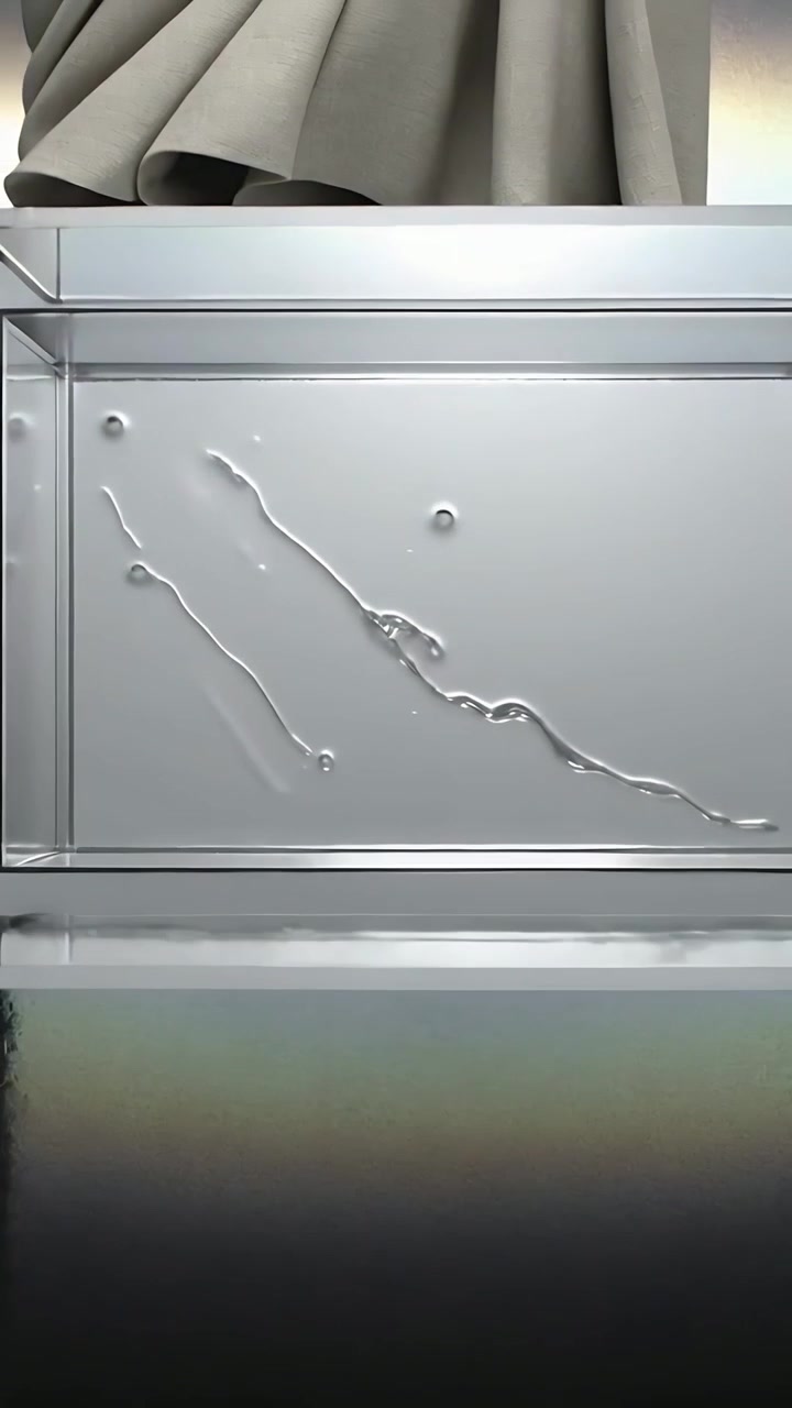Video verticale: Goccioline che si formano su vetro incorniciato, inviando rivoli obliqui lungo lo scaffale, con una fascia iridescente.