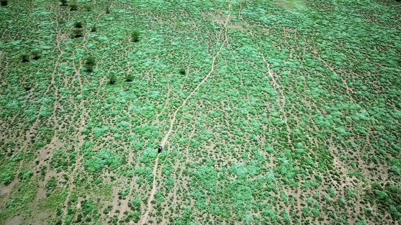 viajeros montando una motocicleta a través del paisaje africano durante el día - toma aérea de drones