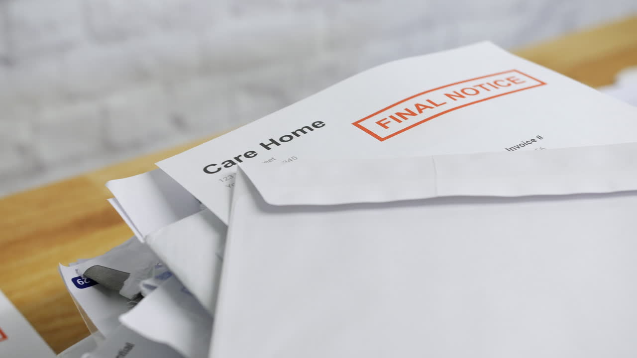 крупным планом стопка счетов и писем с уведомлением о завершении работ в доме престарелых