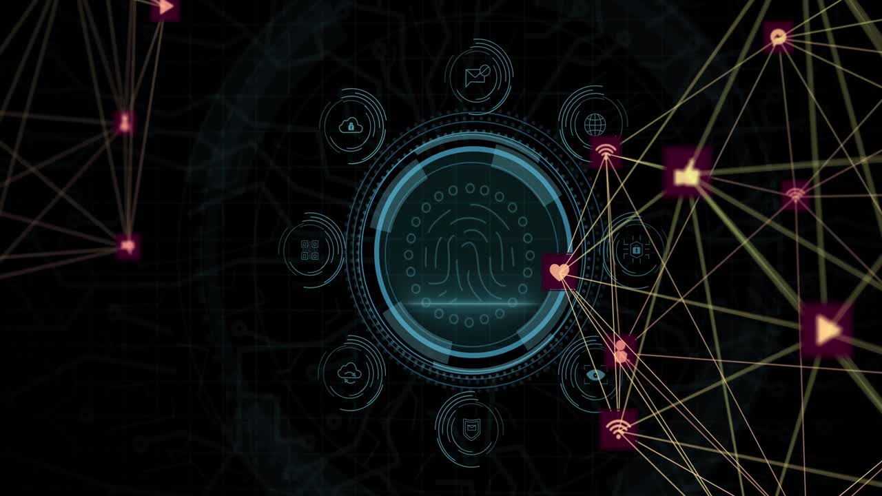 검은 바탕에 회전하는 디지털 아이콘의 글로브에 대한 둥근 스캐너를 통한 데이터 보호