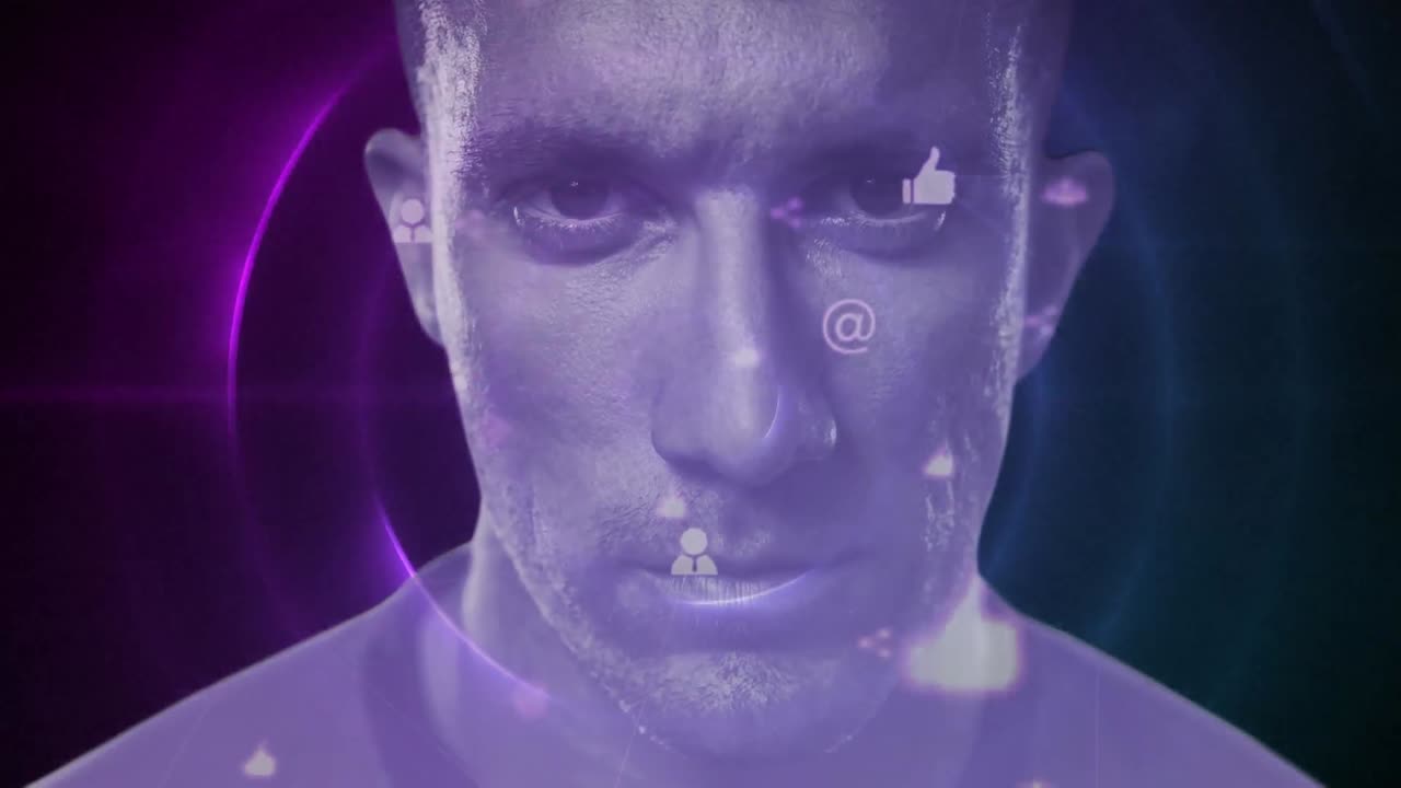 animación del retrato de un hombre serio con iconos de redes sociales digitales en línea