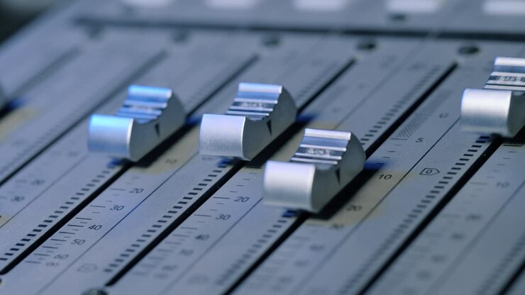 Professional Recording Studio. Interface of sound equipment for mixing music. Fader. Different modes of audio console. Process of working on song or voice. 4k
