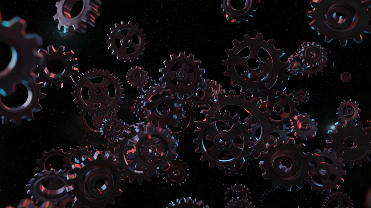A Dynamic Array of Rotating Gears in a Cosmic Space, Showcasing Mechanical Precision and Intricate Interactions Within an Enigmatic Environment
