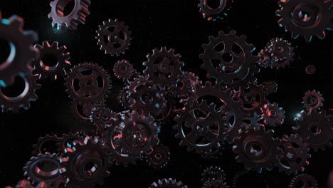 a dynamic array of rotating gears in a cosmic space, showcasing mechanical precision and intricate interactions within an enigmatic environment