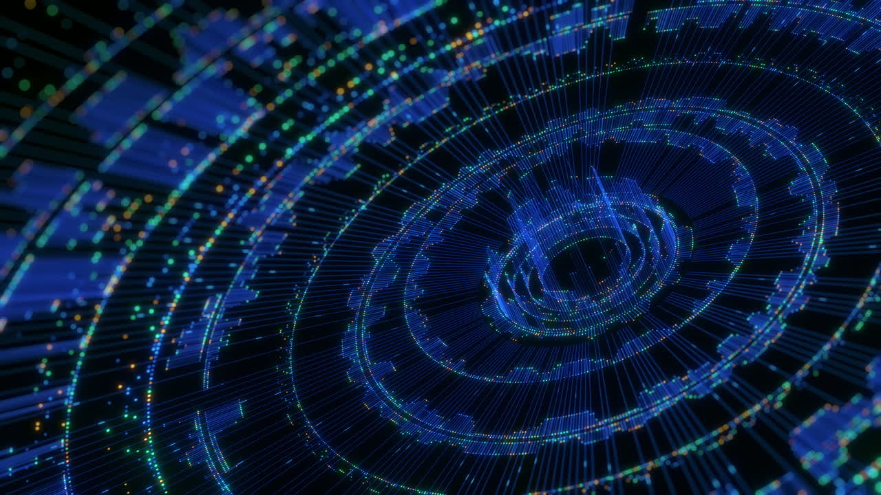 An abstract digital background features interconnected lines, glowing dots, and concentric circles, illustrating concepts of global networks, artificial intelligence, and big data processing
