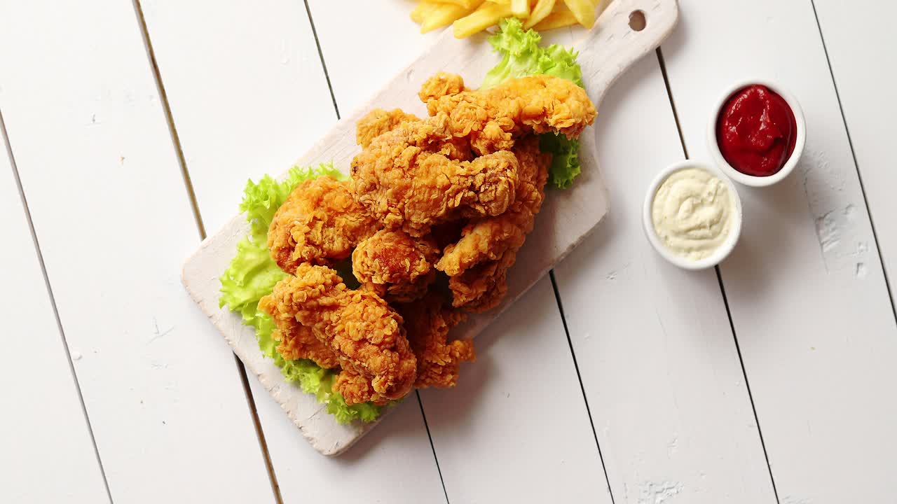 양상추와 닭 날개 근처 소스와 감자 튀김