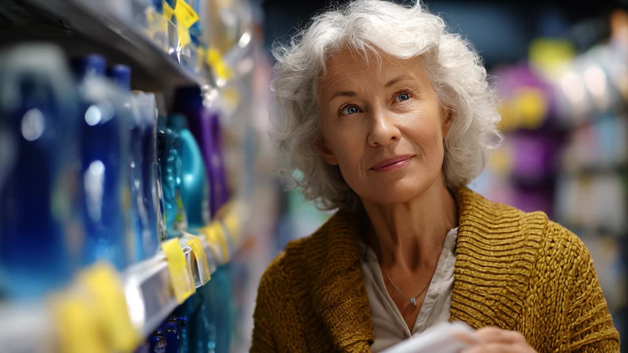 A Thoughtful Senior Woman in a Grocery Aisle Analyzing Products, Showcasing the Choices and Considerations of Shopping for Household Items Amidst Colorful Bottles and Containers