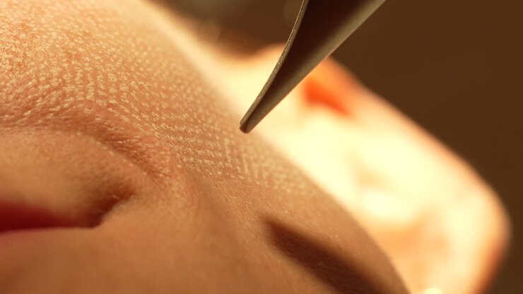 Close-up of skin being treated with a precision tool, showcasing the detail of the pores and the fine skill involved in dermatological procedures