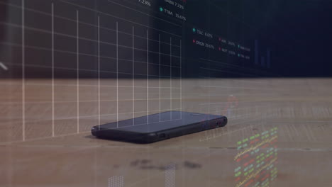 animación del procesamiento de datos financieros a través de un teléfono inteligente en la mesa