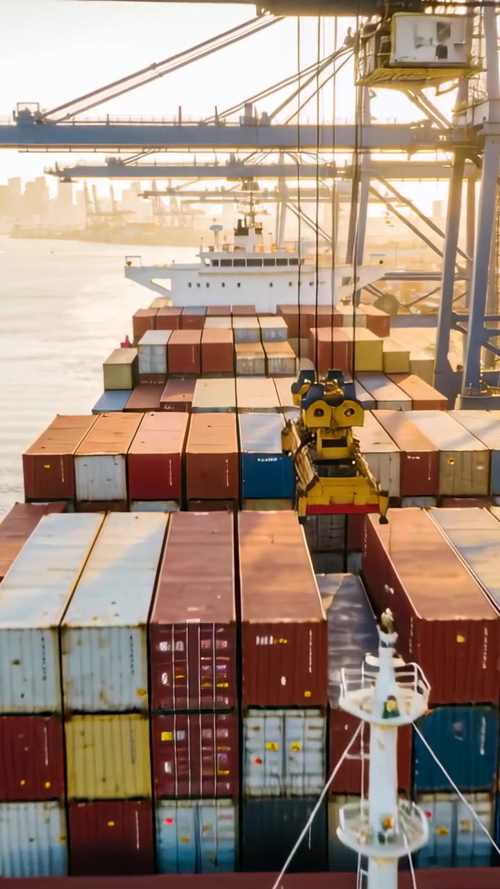 Video verticale: Spreader giallo che si abbassa agganciando un container su una nave da carico ormeggiata, con gru che scaricano.