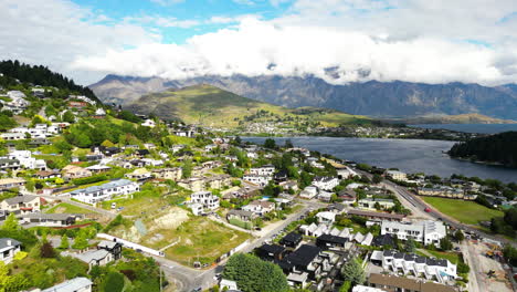 scenic aerial panorama of queenstown by wakatipu lake, new zealand