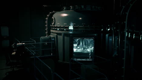 a dark scifi laboratory featuring glowing equipment and complex machinery