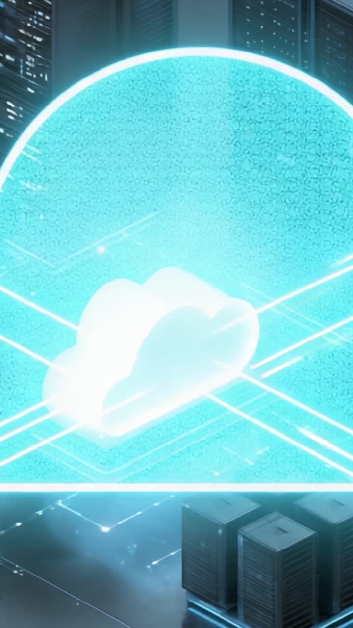 Futuristic Data Center Environment Featuring Illuminated Cloud Technology with Network Connections and Storage Systems in a Digital Landscape