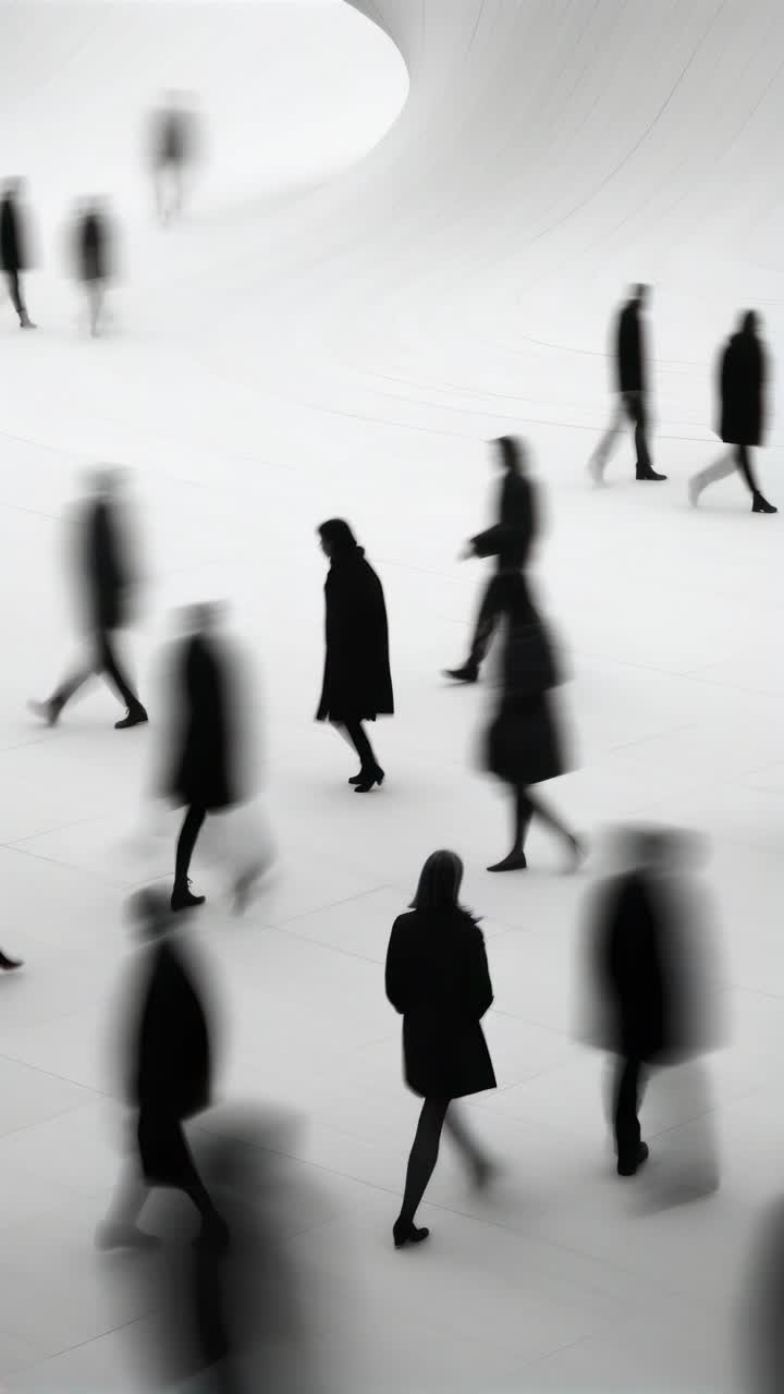 High-angle video still of people walking in a minimalist, curved white space