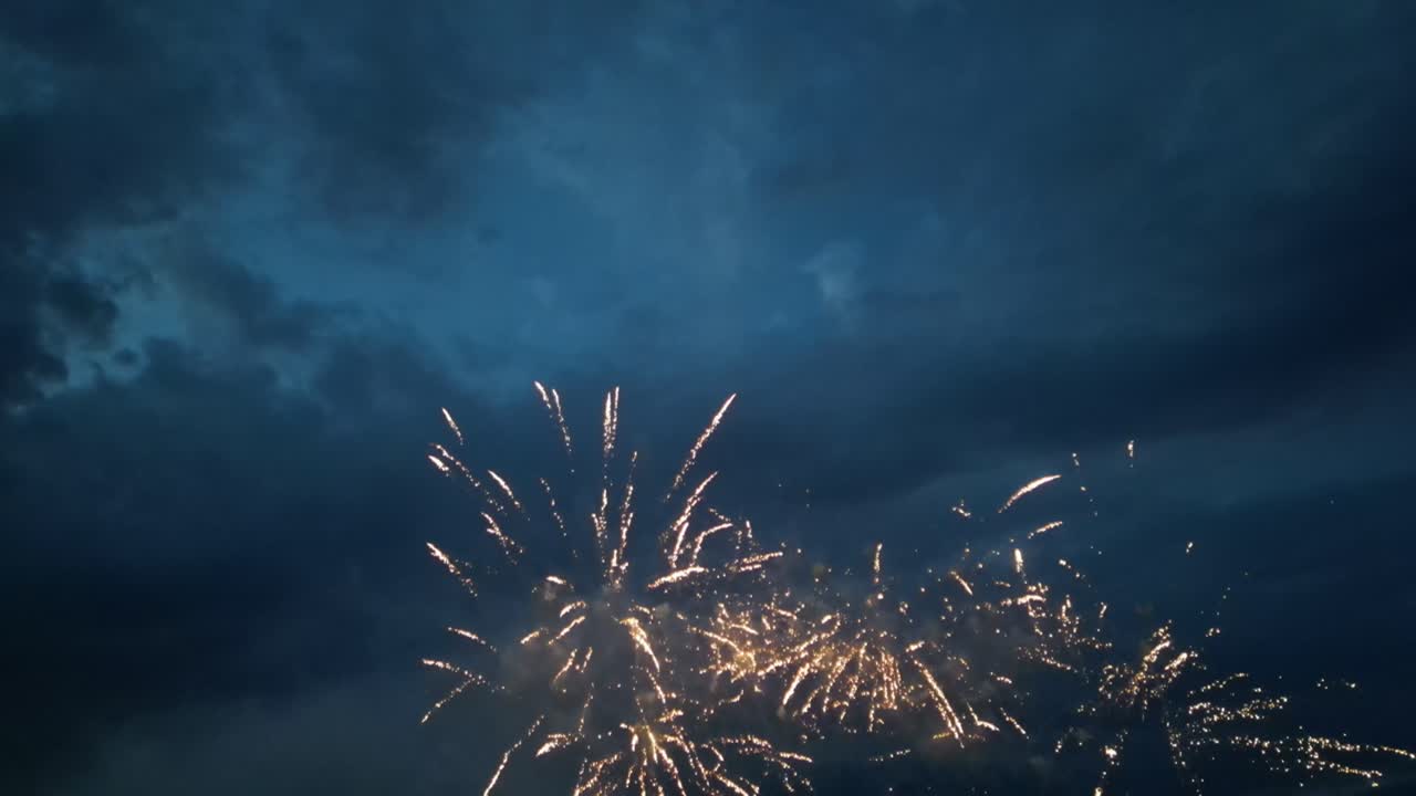 Colorful fireworks launched against a dark sky during an event