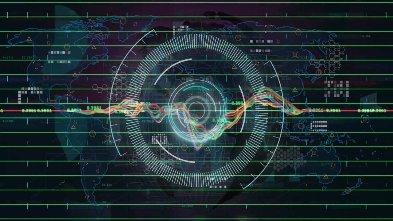 흑색 배경에 대한 세계 지도 위의 둥근 스캐너와 데이터 처리의 애니메이션