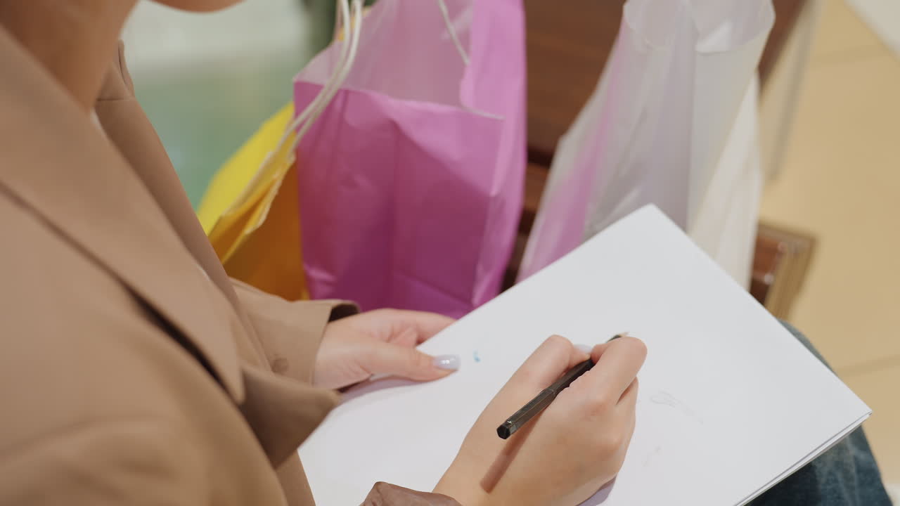 쇼핑몰에서 선물 가방을 정리하고 체크리스트를 작성하는 쇼핑객, 손잡이에서 보이는 분홍색과 흰색 티슈, 종이에 집중된 펜 자국, 영수증과 리본 디테일이 있는 벤치에서의 차분한 계획 장면
