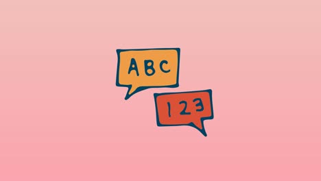animación de nubes con abc y 123 textos que se mueven sobre un fondo rosa