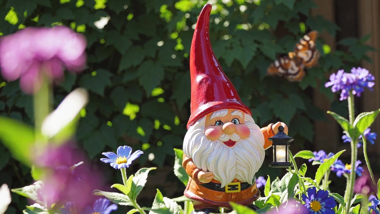Gnomo da giardino allegro con cappello rosso che tiene una lanterna accesa
