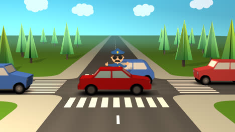 Die-Zeichentrickanimation-Des-Polizisten.-Die-Polizei-Mit-Sonnenbrille-Und-Großem-Schnurrbart-Regelt-Den-Verkehr-Auf-Der-Belebten-Kreuzung-In-Der-Hauptverkehrszeit.-Autos-Fahren-Langsam-Durch-Die-Straßen.