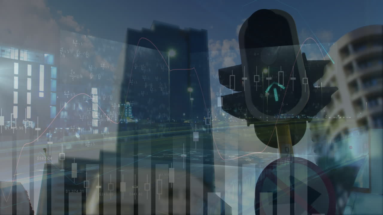 Animación del procesamiento de datos sobre paisaje urbano