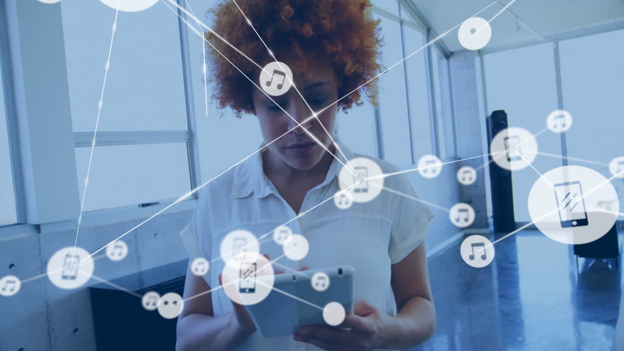 animación de una red de conexiones con iconos sobre una mujer de negocios biracial usando una tableta