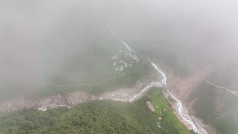 aerial drone fly view of a lodge, hostal, camping, hotel, cabana on the trekking route to machu picchu, peru