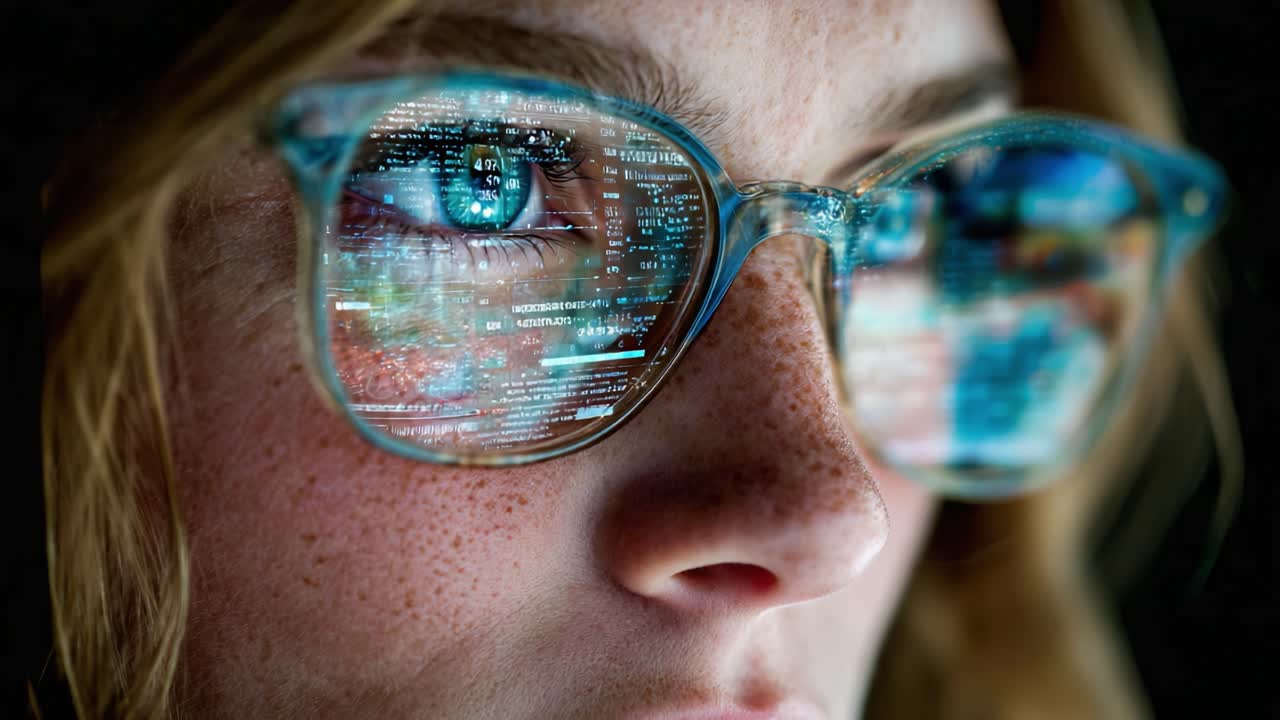 A Close-Up Look at an Individual with Spectacles Reflecting a Digital Screen, Highlighting the Intersection of Technology and Human Attention