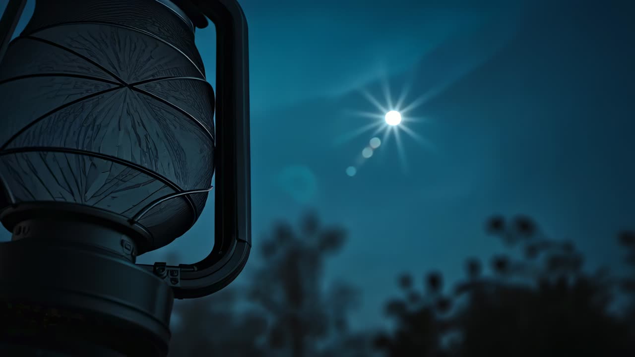 Lighting antique lantern flame appearing, growing at night in woods under bright star, copy space