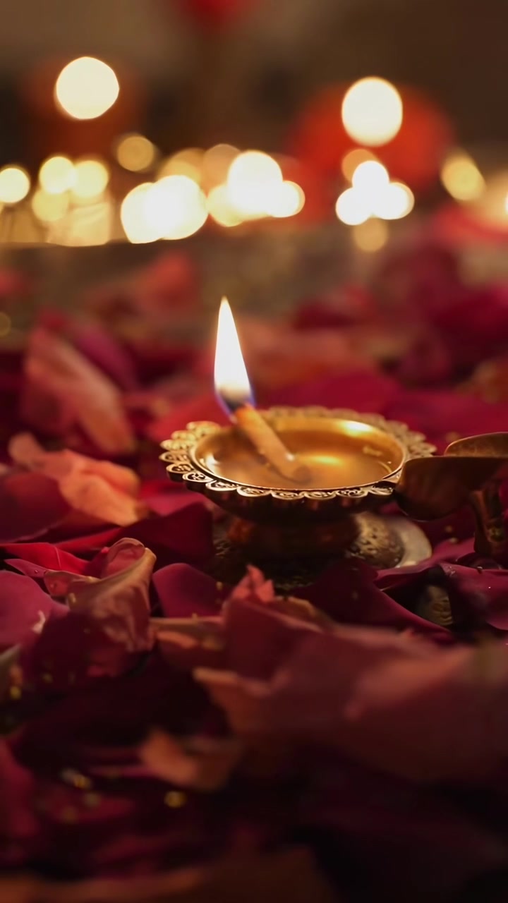 Lampada a olio Diya tradizionale indiana con fiamma tremolante e petali di rosa