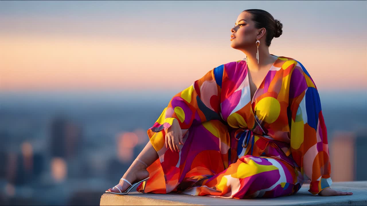 A Fashionable Woman Poses Elegantly on a Scenic Rooftop, Draped in a Vibrant Colorful Dress Against a Serene Sunset Skyline, Embodying Style and Confidence in Every Stroke of Color