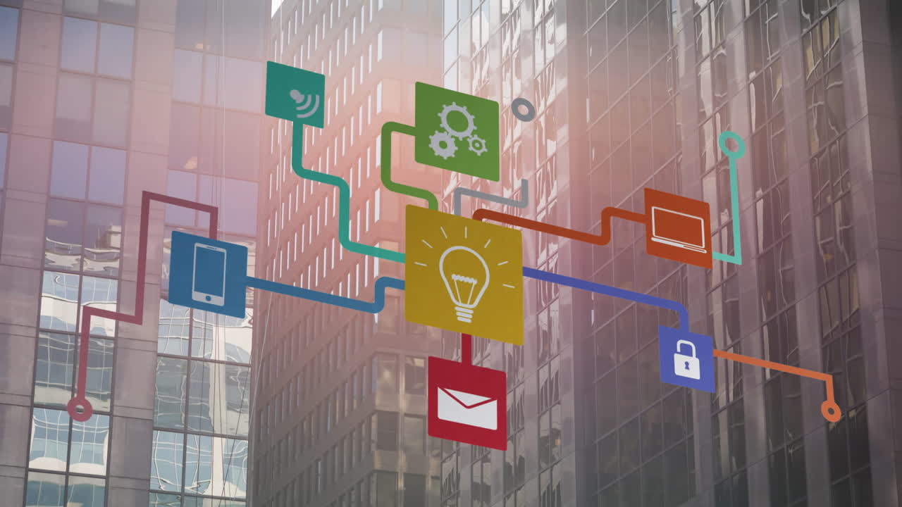 Network of interconnected icons and data processing animation over city buildings