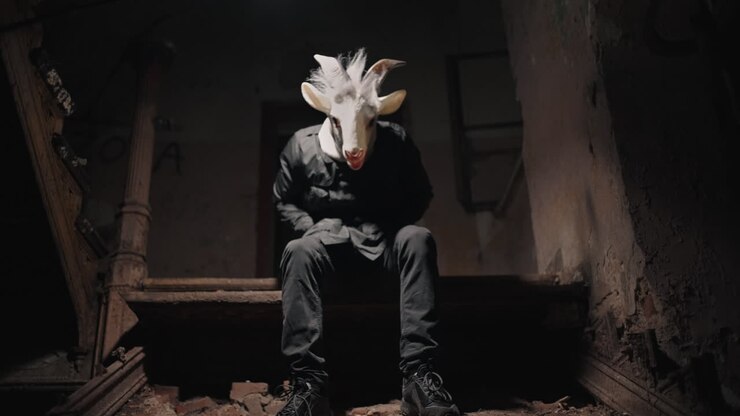 Uomo con maschera di capra su scale abbandonate