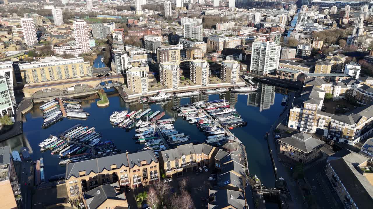 Limehouse basin East London UK Panning drone aerial
