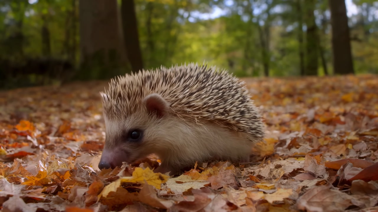 Autumn Forest Hedgehog Exploring Leaf Litter, European Hedgehog Nosing Through Orange Brown Leaves