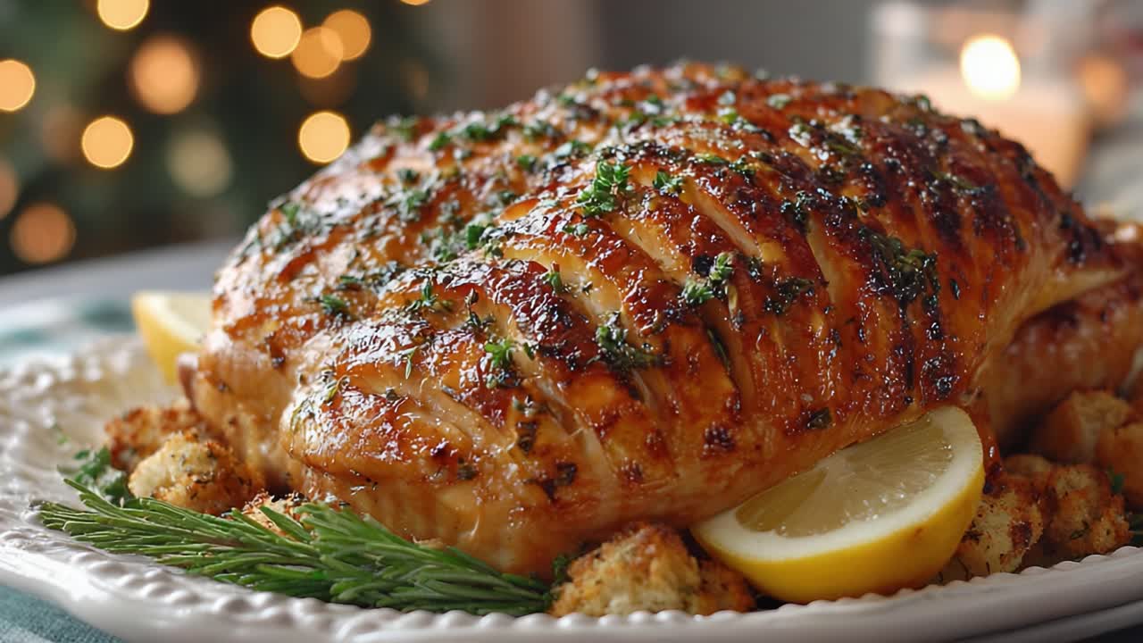 A Glorious Roast Chicken with Herb Glaze and Lemon Garnish, Perfectly Served on a Festive Platter Surrounded by Flavorful Stuffing and Christmas Ambiance