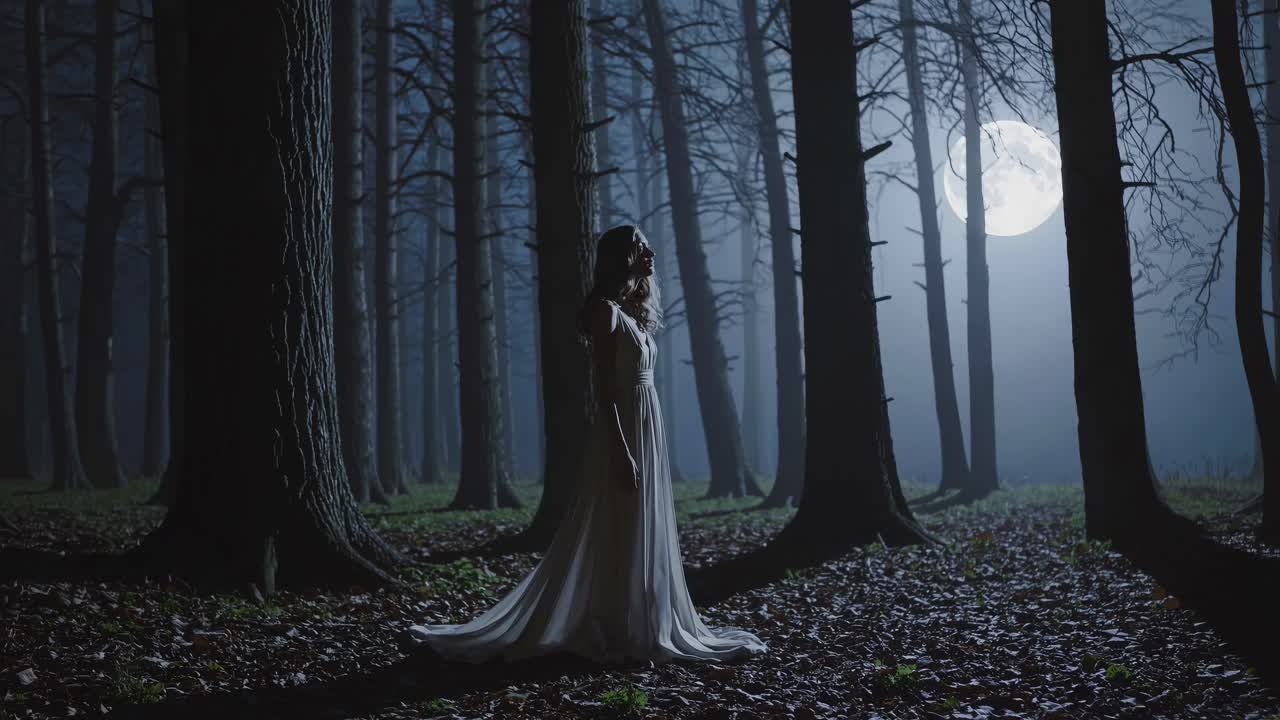 Woman in a Forest at Night under the Full Moon