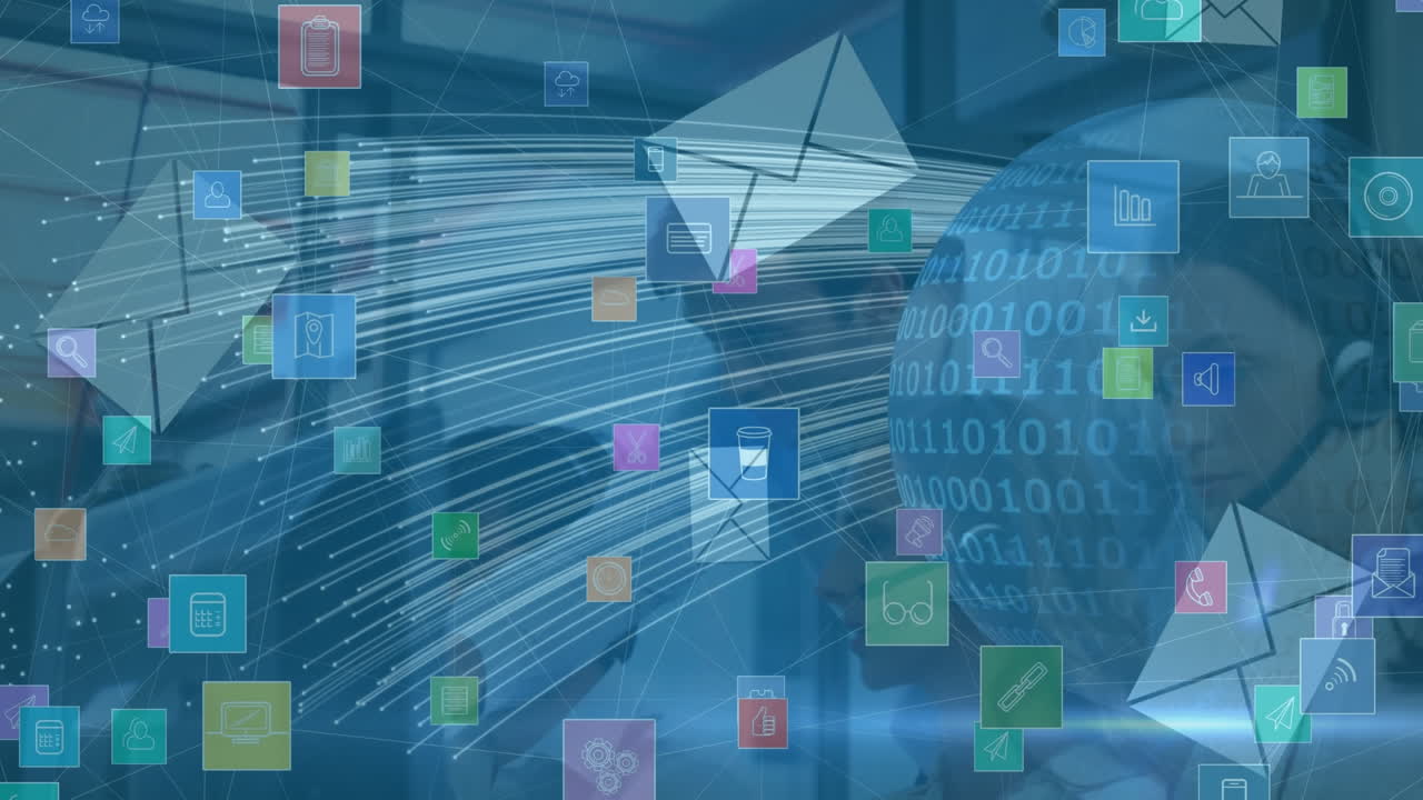 전화 헤드 ⁇ 을 사용하는 비즈니스 사람들에 대한 아이콘과 연결 네트워크의 애니메이션