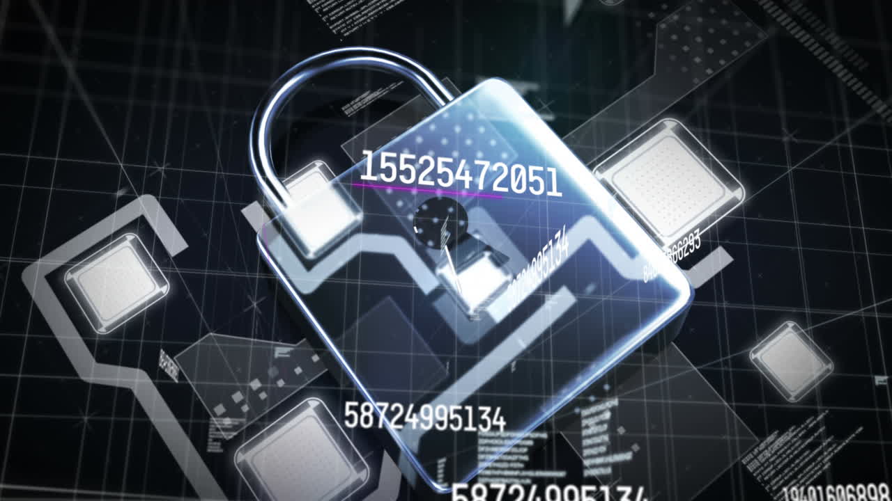 Animation of numbers changing with online security padlock over data processing on grid