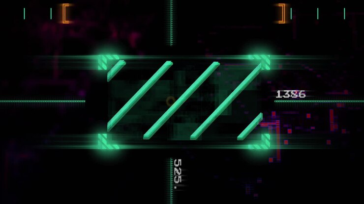 Neon green bars and digital numbers animation over dark background with glowing elements