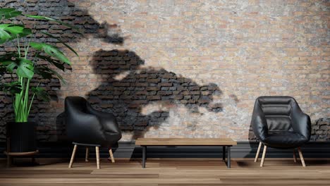 -Innenarchitektur,-Modernes-Wohnzimmer-In-Einer-Wohnung-Mit-Sofa-Und-Vorbeiziehenden-Wolken-Im-Zeitraffer-Effekt,-Schatten-Auf-Dem-Animationshintergrund-Der-Wohnungswand,-3D-Rendering