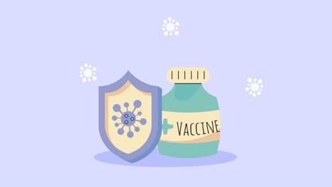 animación de la vacuna covid-19 con vial y escudo