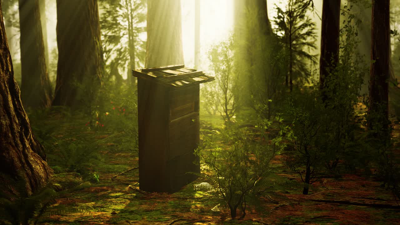 vieja colmena de madera en el bosque en la niebla