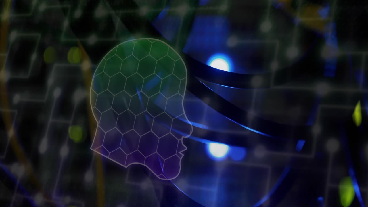 animación de la cabeza humana, conexiones y procesamiento de datos a través de una placa de circuitos.