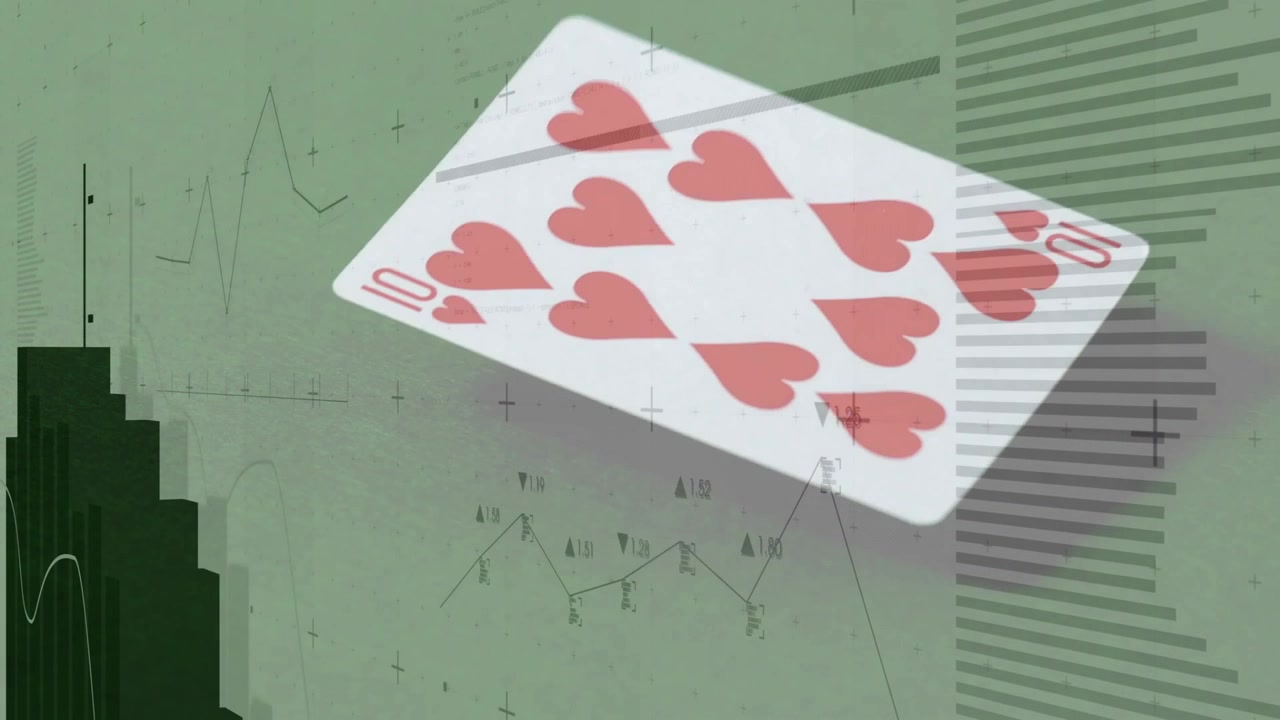 White card entering top-right, spinning, flattening, settling, revealing ten hearts over data grid