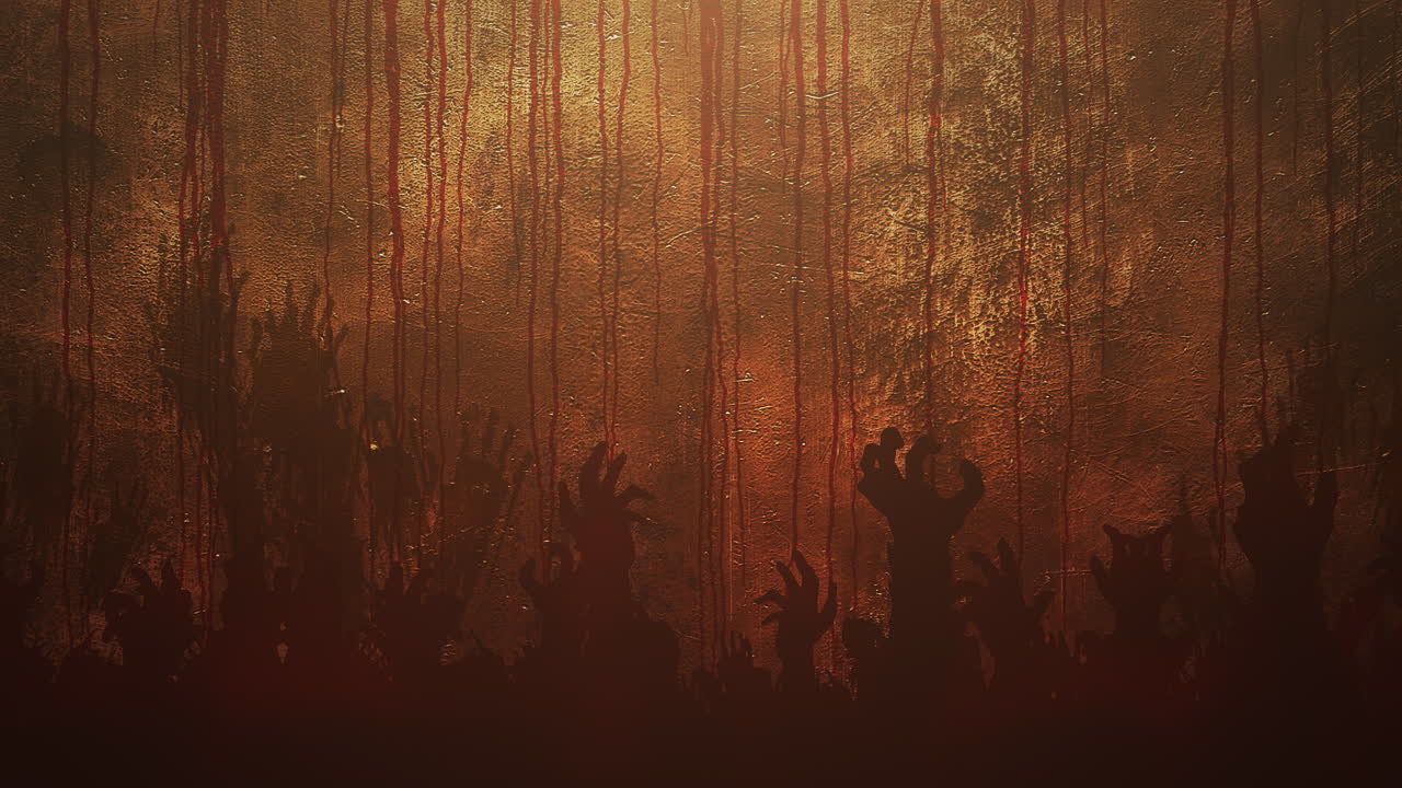 manos de personas y sangre roja en la pared