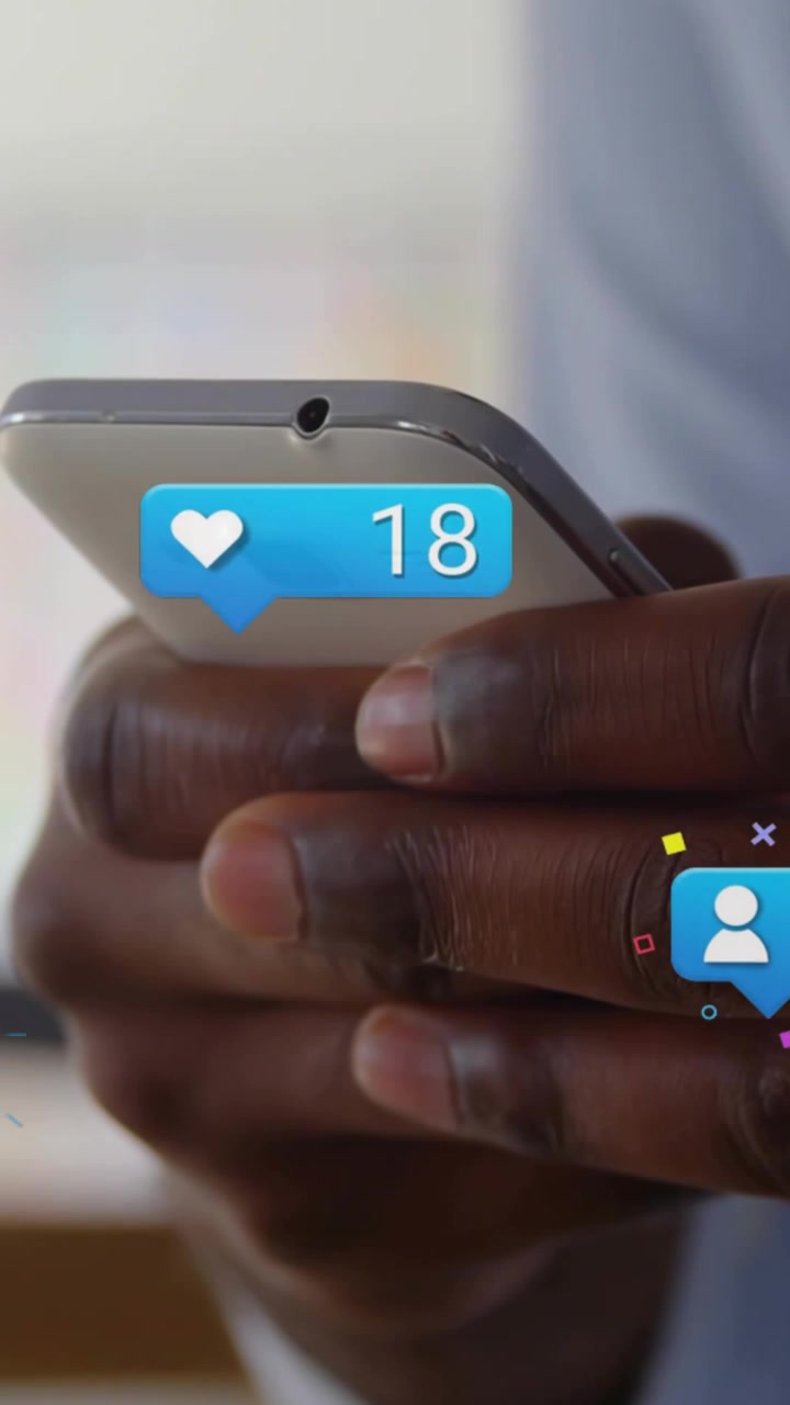 Man holding phone thumb tapping blue bubble popping causing bubbles counts rising showing marketing
