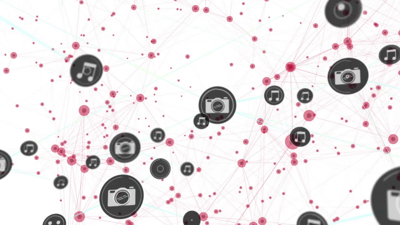 анимация сети цифровых иконок на синем фоне